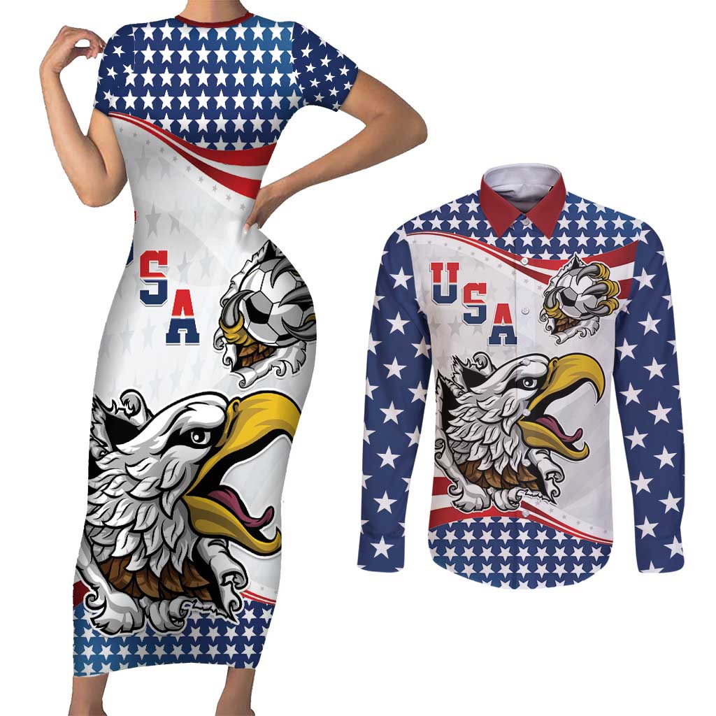 Custom United States Soccer Couples Matching Short Sleeve Bodycon Dress and Long Sleeve Button Shirt USA Eagle Mascot Style