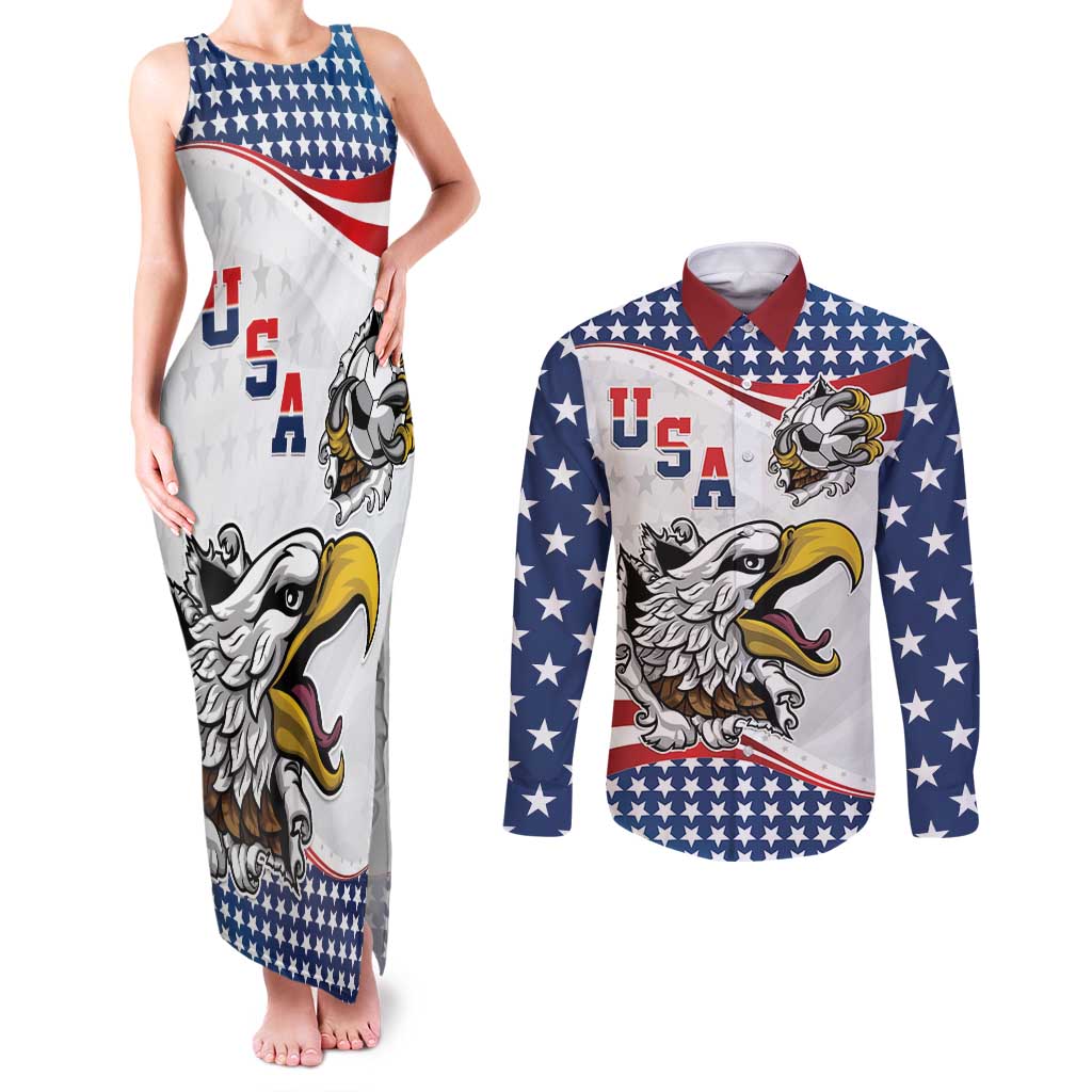 Custom United States Soccer Couples Matching Tank Maxi Dress and Long Sleeve Button Shirt USA Eagle Mascot Style