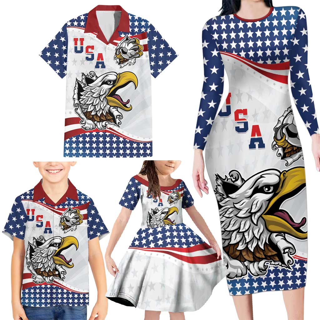 Custom United States Soccer Family Matching Long Sleeve Bodycon Dress and Hawaiian Shirt USA Eagle Mascot Style