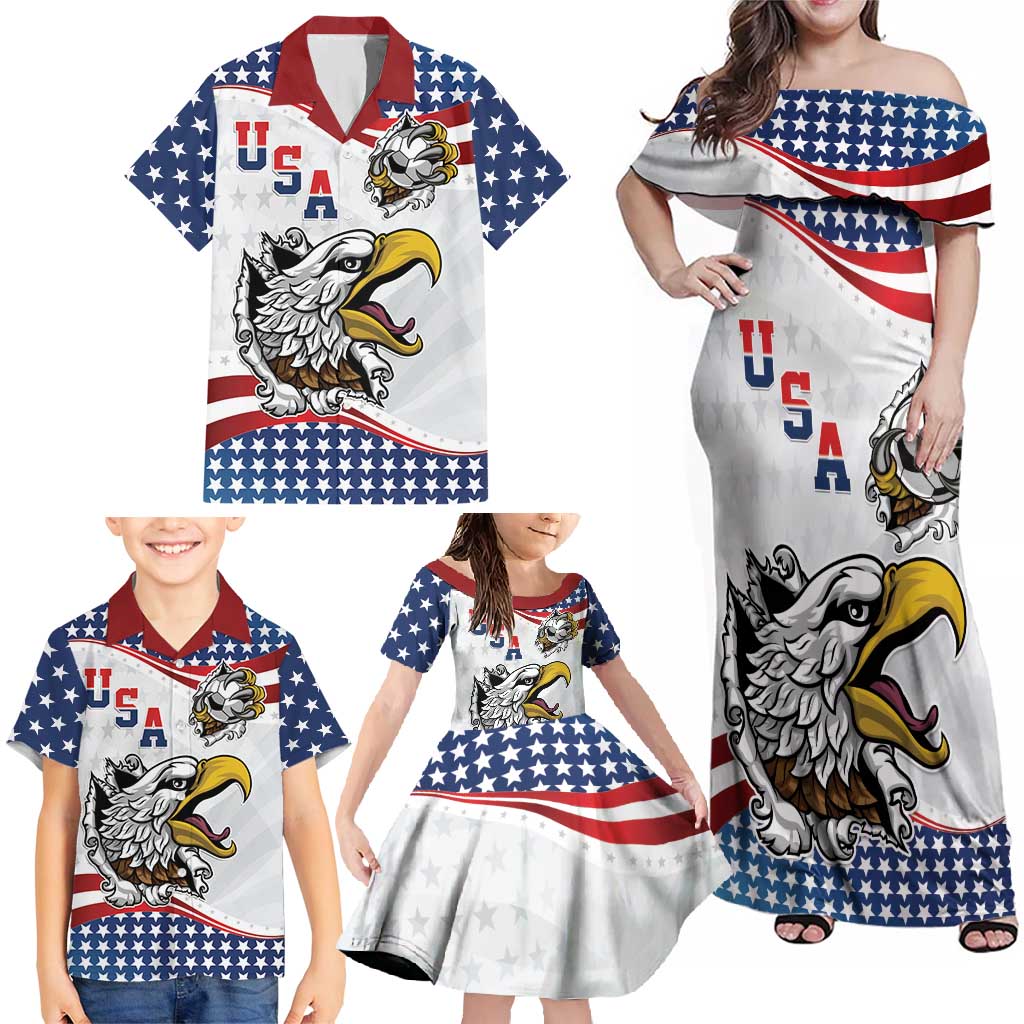 Custom United States Soccer Family Matching Off Shoulder Maxi Dress and Hawaiian Shirt USA Eagle Mascot Style