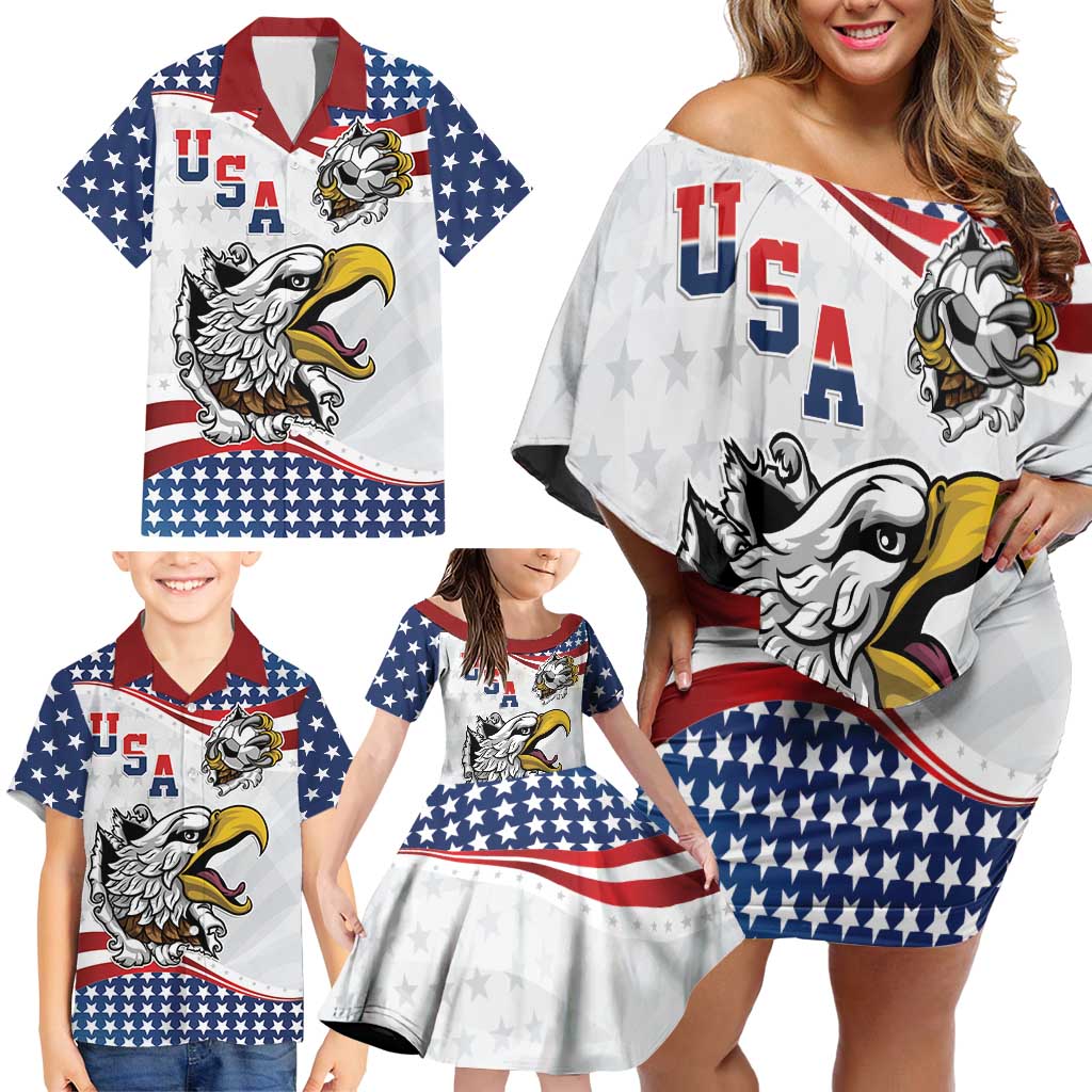 Custom United States Soccer Family Matching Off Shoulder Short Dress and Hawaiian Shirt USA Eagle Mascot Style