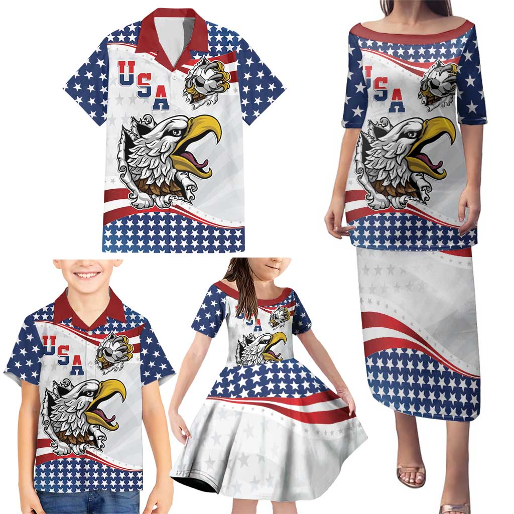 Custom United States Soccer Family Matching Puletasi and Hawaiian Shirt USA Eagle Mascot Style