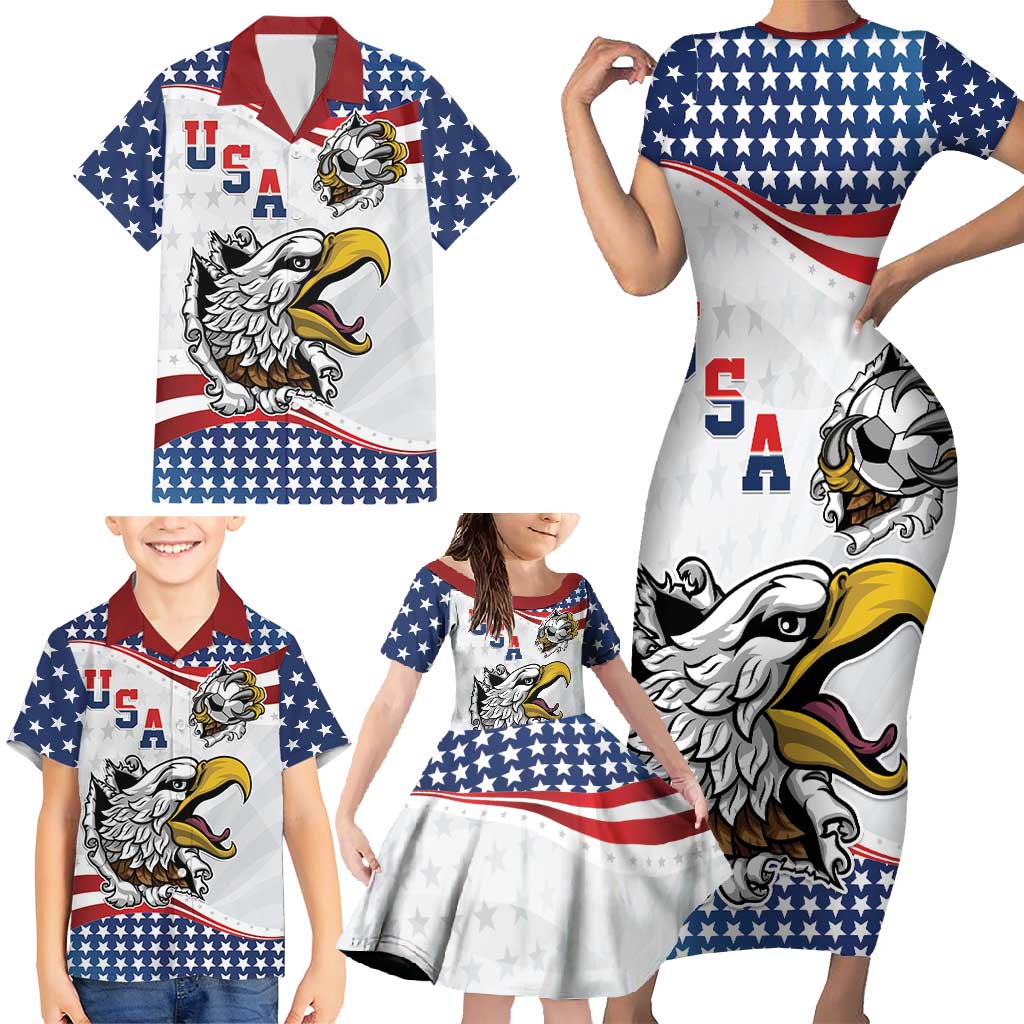 Custom United States Soccer Family Matching Short Sleeve Bodycon Dress and Hawaiian Shirt USA Eagle Mascot Style