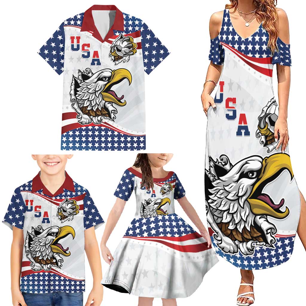 Custom United States Soccer Family Matching Summer Maxi Dress and Hawaiian Shirt USA Eagle Mascot Style