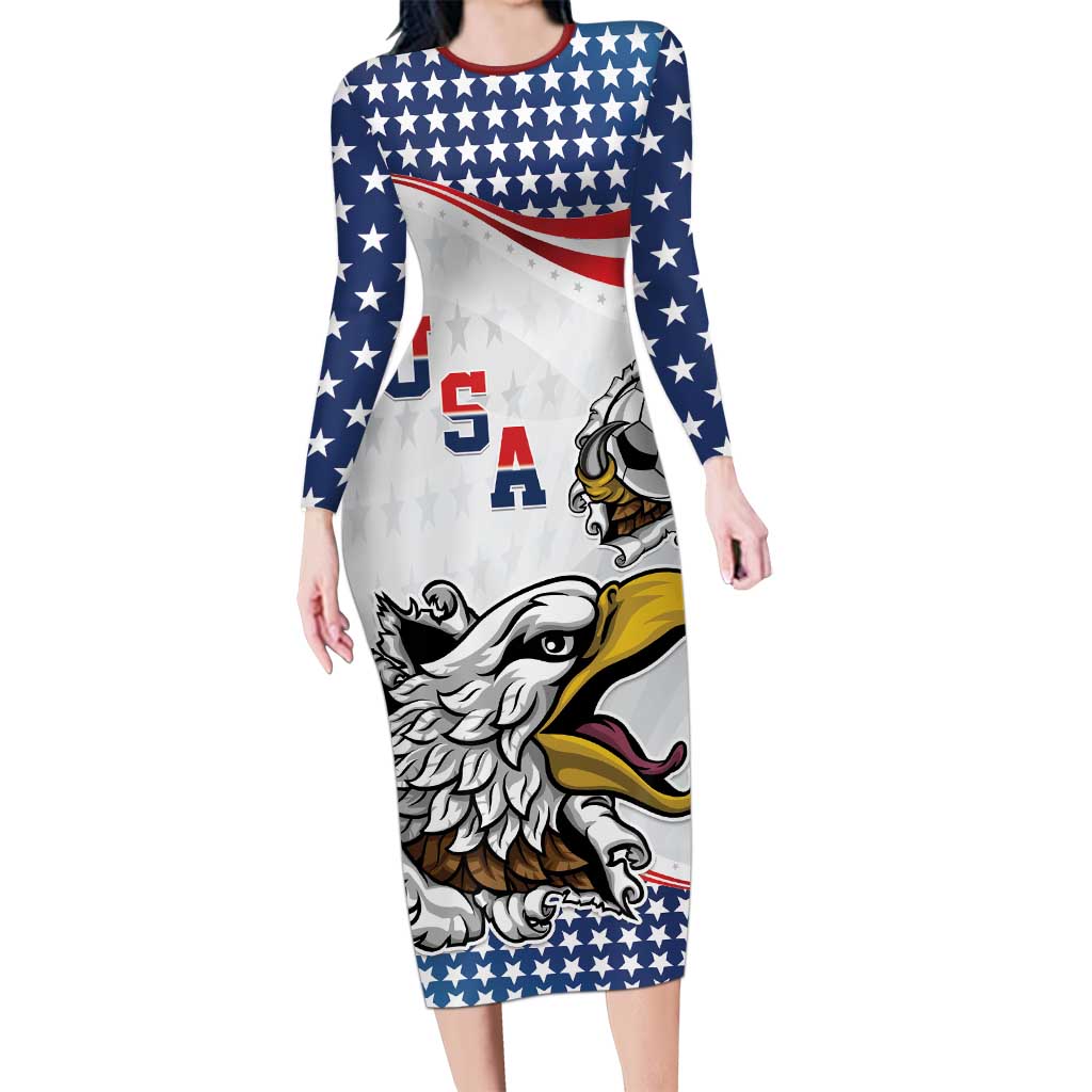 Custom United States Soccer Long Sleeve Bodycon Dress USA Eagle Mascot Style