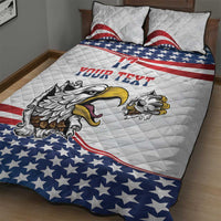 White quilt with YOUR TEXT and eagle graphic over stars-and-stripes pattern