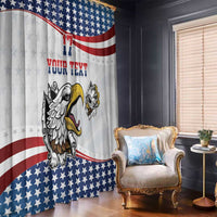 Hanging US eagle window curtain with American flag valance, red stripes, and yellow eagle mascot