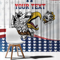 Close view of US eagle window curtain showing custom text and eagle mascot graphic