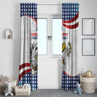 Two US eagle window curtain panels with star top, red curve stripe, and mascot print