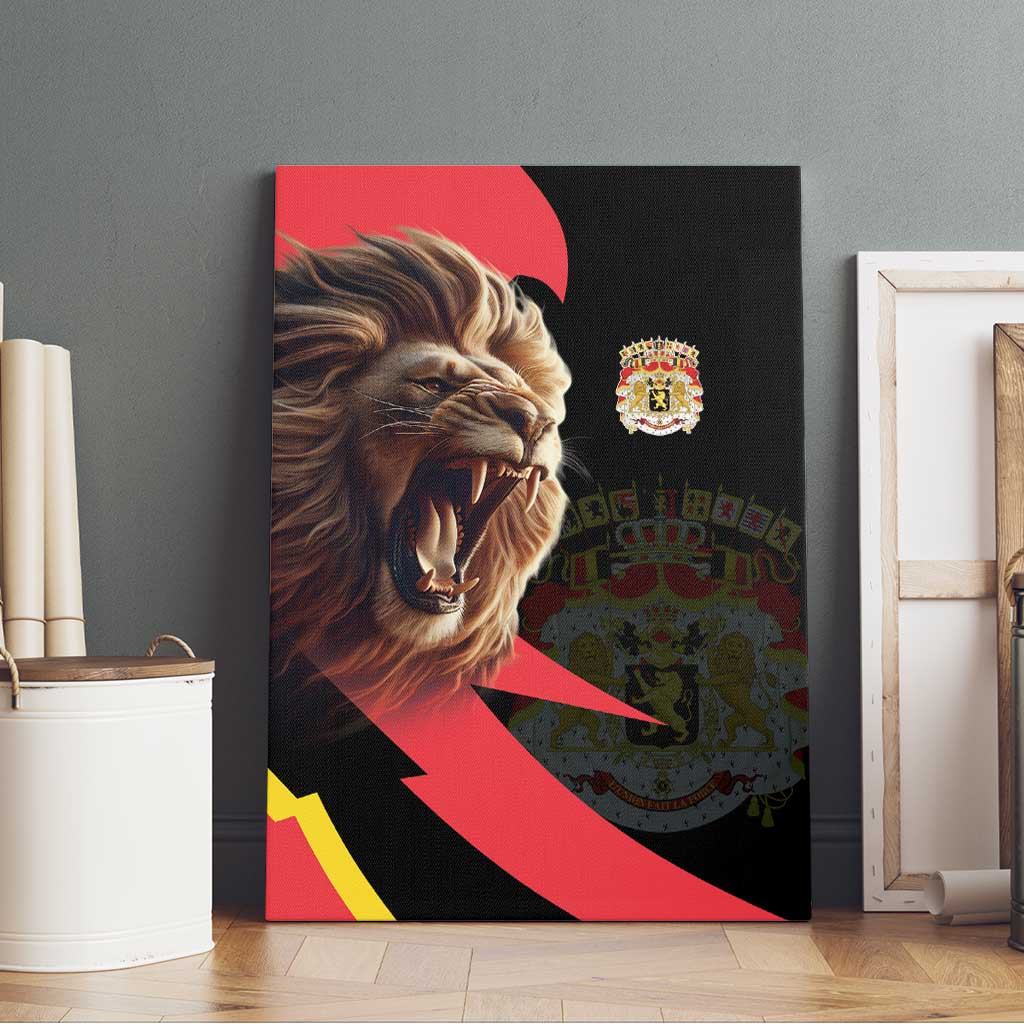 Canvas wall art featuring roaring lion artwork with Belgian coat of arms emblem in bold red and black