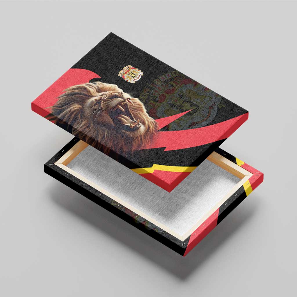 Open view of framed canvas wall art showing roaring lion print and Belgian crest emblem
