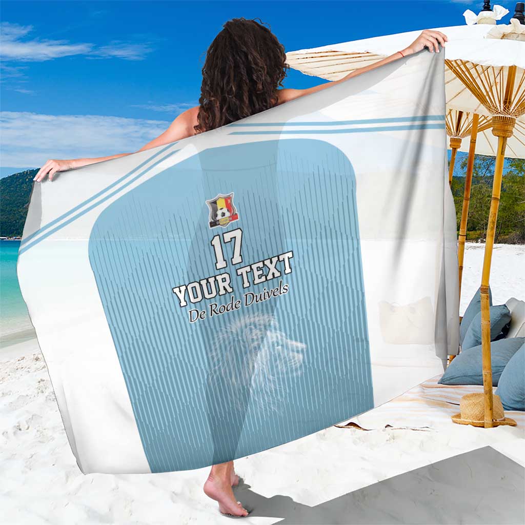 Blue and white beach sarong with light-blue graphic panel, number 17 and custom text