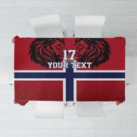 Red football tablecloth with Norway flag cross and lion graphic, with custom text area