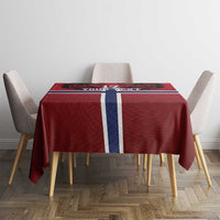 Red Norway-themed football tablecloth with flag cross centered on table, ready for dining