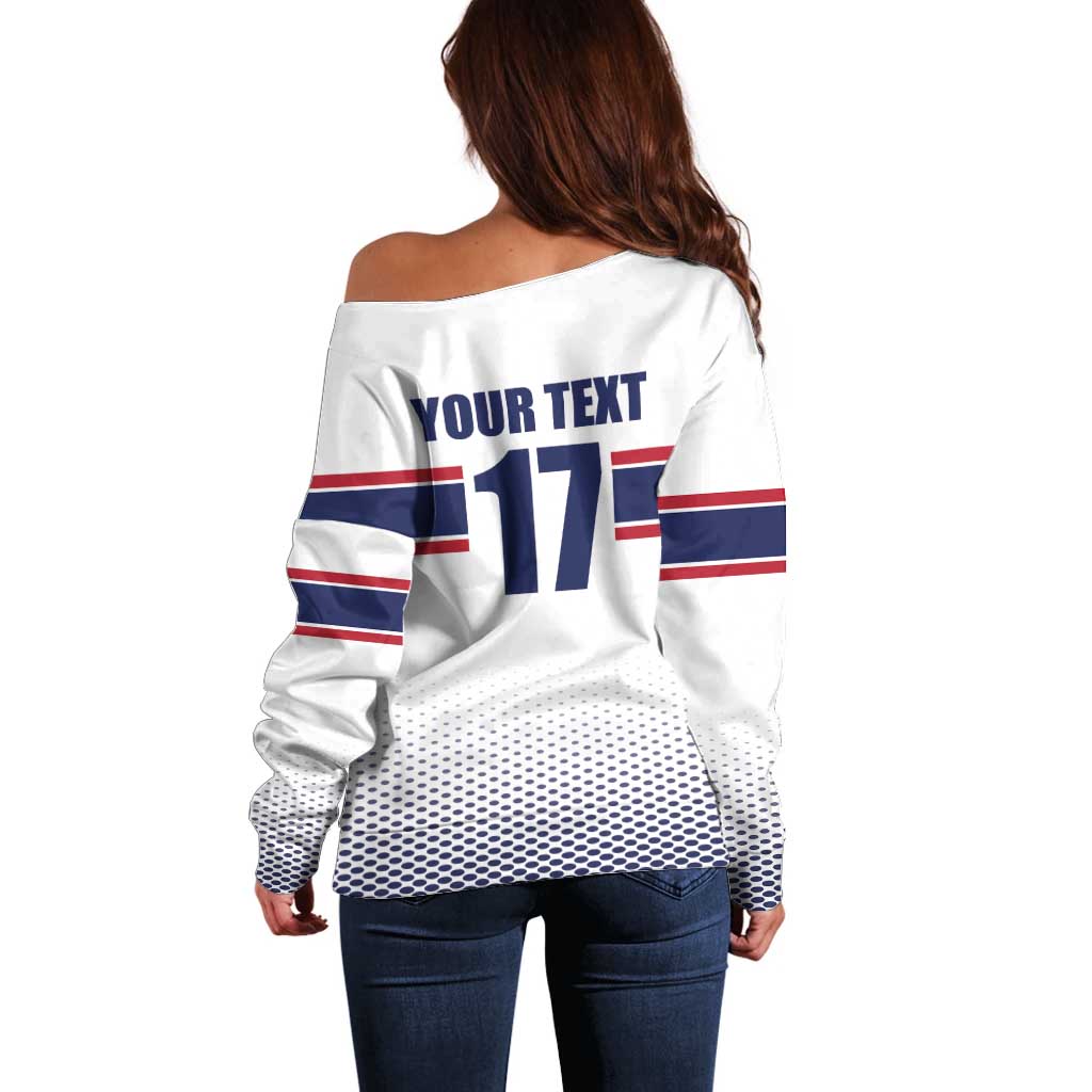 White off-shoulder hockey sweater with back text “YOUR TEXT” and number 17