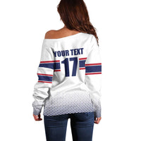 White off-shoulder hockey sweater with back text “YOUR TEXT” and number 17