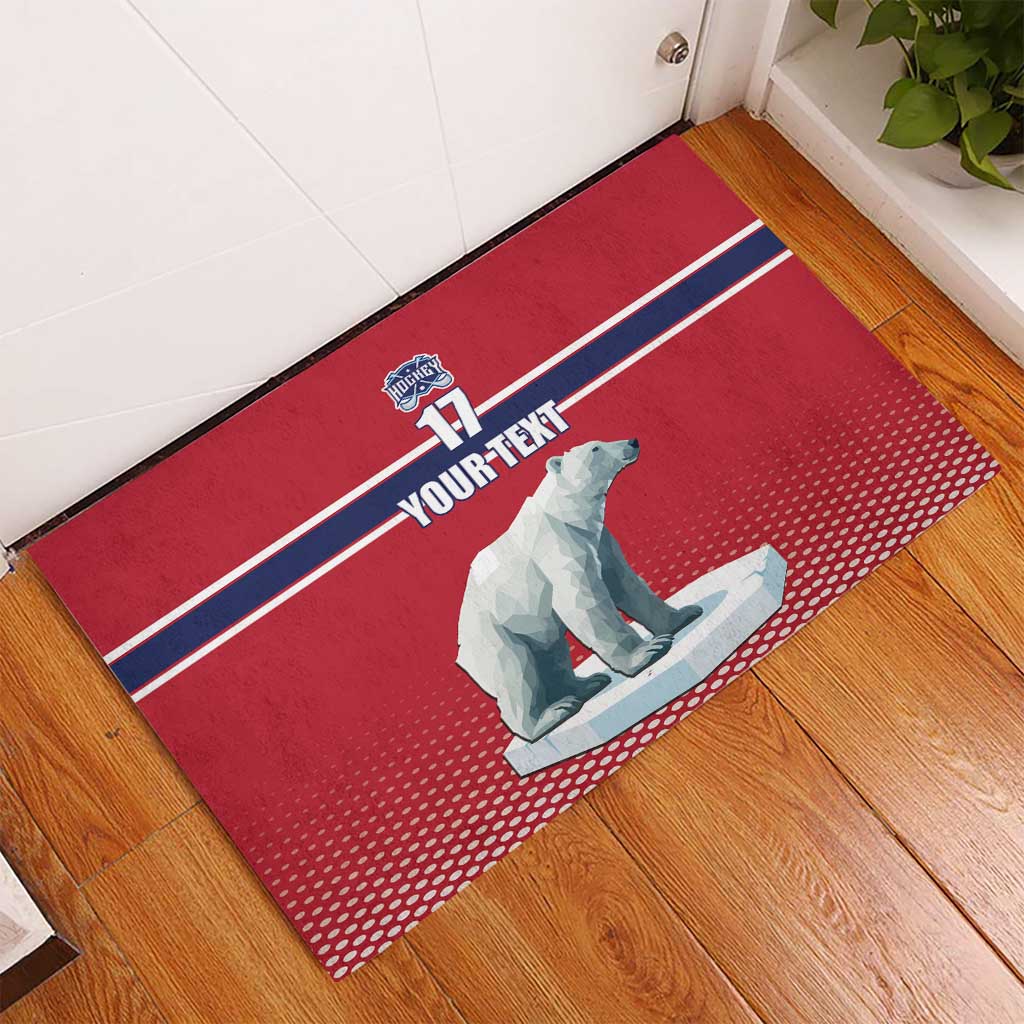 Red hockey rubber doormat with polar bear on ice, stripe lines and 'YOUR-TEXT' text