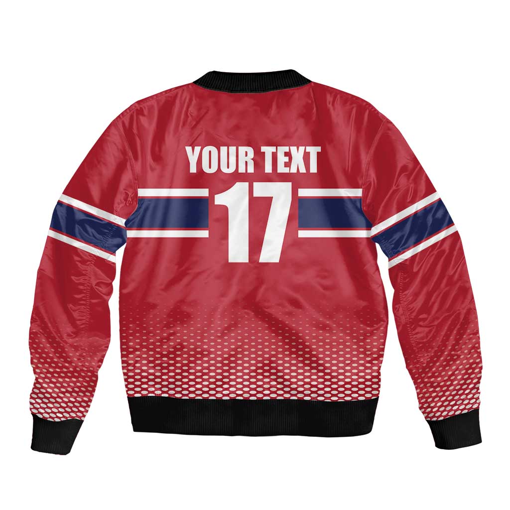 Red bomber jacket with ribbed hem and cuffs; back shows YOUR TEXT 17 and blue stripes