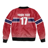 Red bomber jacket with ribbed hem and cuffs; back shows YOUR TEXT 17 and blue stripes