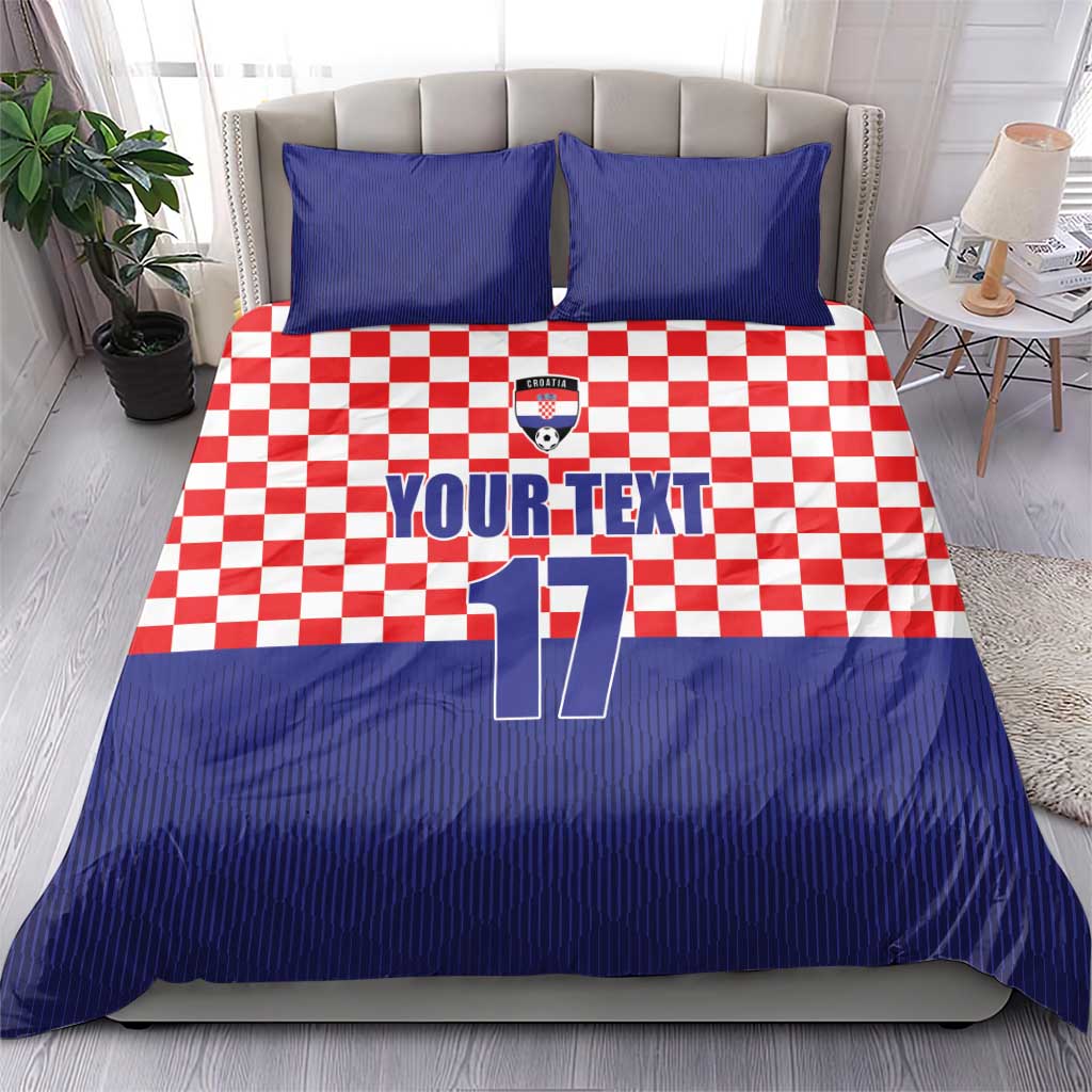 Croatia-themed bedding set with red-and-white checkered center, blue sides, number 17, 2 pillowcases