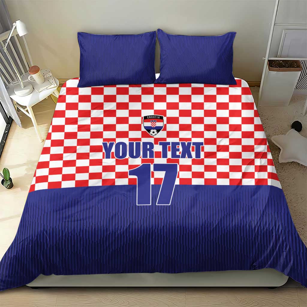 Blue and red checkered bedding set with Croatia crest, custom text, and number 17
