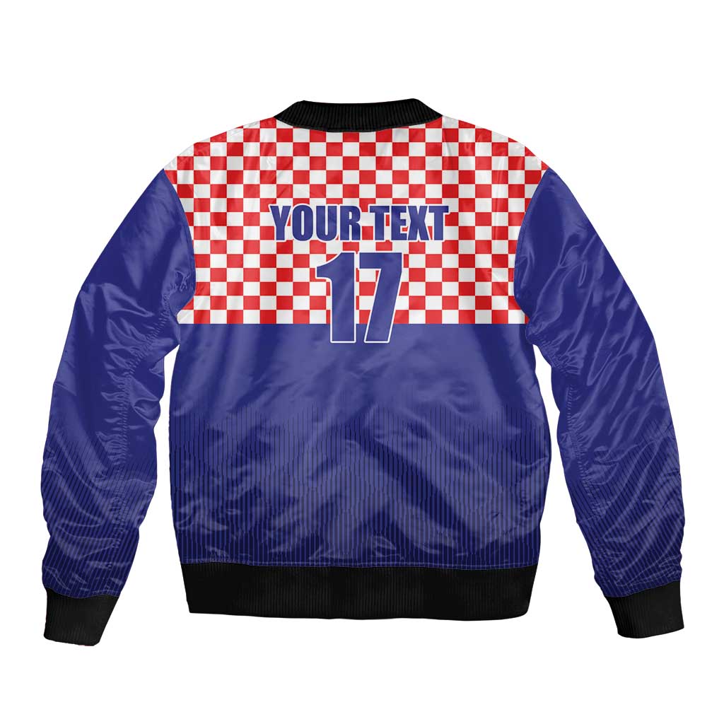 Blue bomber jacket with red-white checker panel, front zipper, ribbed cuffs, YOUR TEXT 17