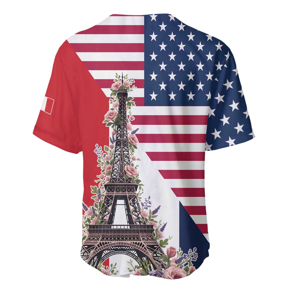 Men's baseball jersey with USA flag and Eiffel Tower floral print, short sleeves