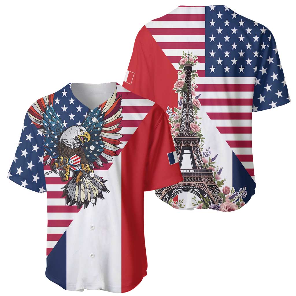 Men's baseball jersey showing eagle front and Eiffel Tower back, short sleeves