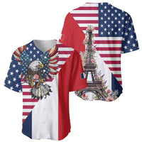 Men's baseball jersey showing eagle front and Eiffel Tower back, short sleeves