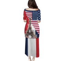 Long maxi dress back view with American flag print, Eiffel Tower and floral accents