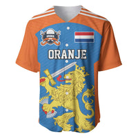 Orange and blue baseball-style hockey jersey with V-neck, buttons, crest, and 'ORANJE'