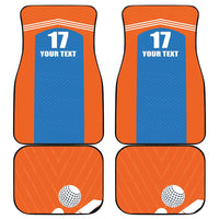 Four custom car mats: orange borders, blue centers with “17” text and hockey ball icon