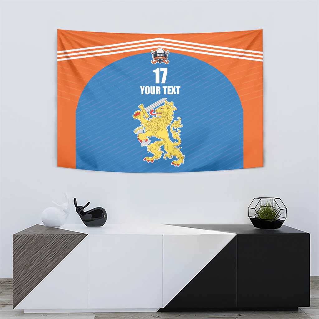 Orange and blue tapestry wall hanging with stripes, number 17, and lion emblem.