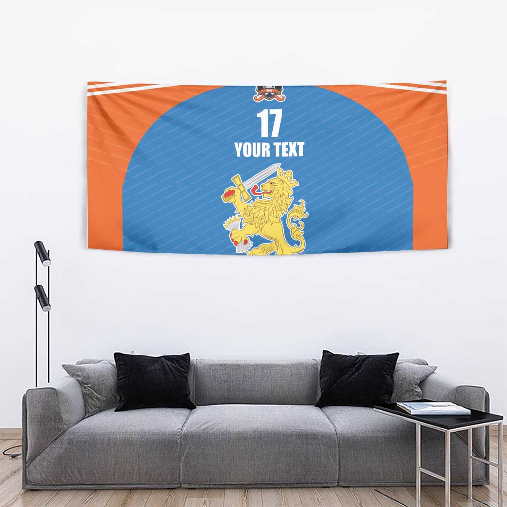 Orange and blue custom tapestry with stripes, 'YOUR TEXT', and lion crest.