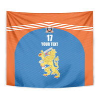 Orange and blue tapestry wall hanging with stripes, number 17, and 'YOUR TEXT'.