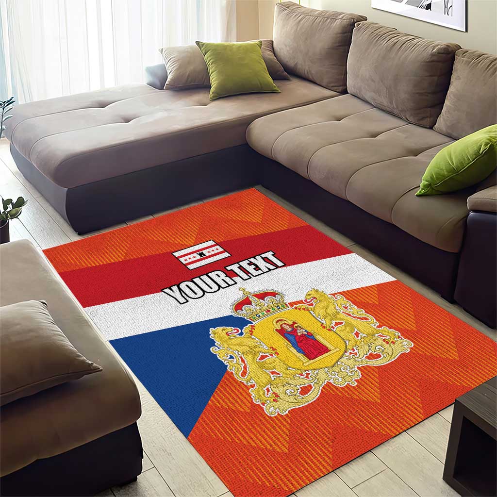 Personalized Drenthe flag rug with orange center, red top stripe, blue bottom stripe