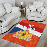 Flag-themed personalized area rug with crest, red/blue bands, and 'YOUR TEXT' text