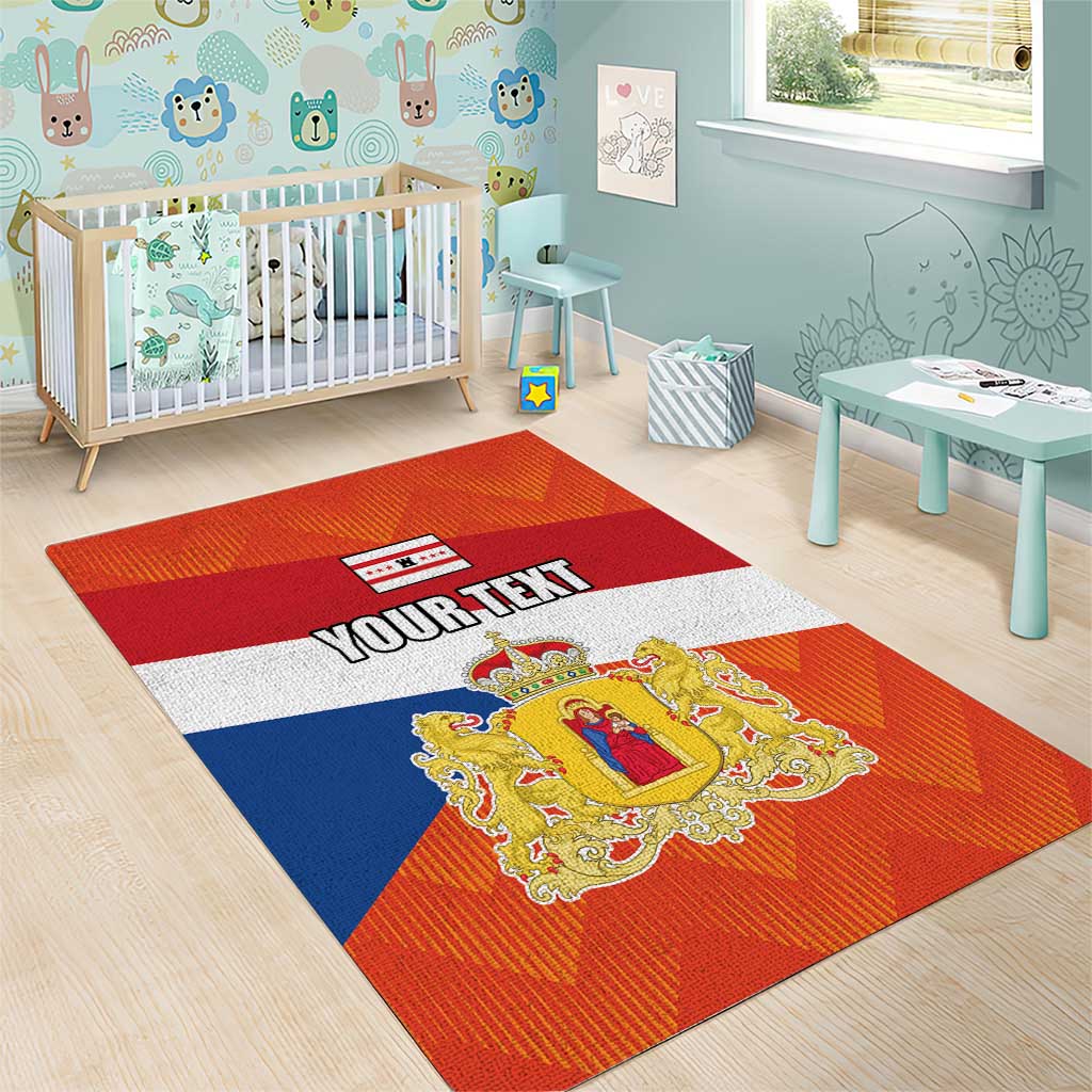 Personalized flag area rug with orange field, red/blue stripes, white panel, crest
