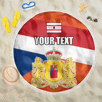 Round beach blanket with fringed edge, Drenthe flag print, and 'YOUR TEXT' center.
