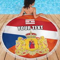 Round beach blanket with white fringe, Drenthe flag graphic and 'YOUR TEXT' text.