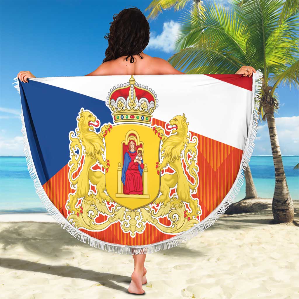 Round beach blanket with fringed edge, Drenthe flag print, held up with 'YOUR TEXT'.