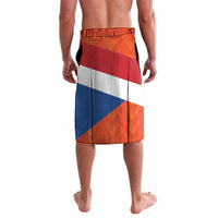 Lavalava skirt with geometric flag pattern, orange-red-blue-white, drawstring waistband
