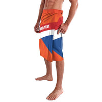 Lavalava skirt with orange-red-blue-white flag design and elastic waistband, custom text
