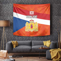 Personalized tapestry flag with orange, red, blue stripes, central crest and 'YOUR TEXT'