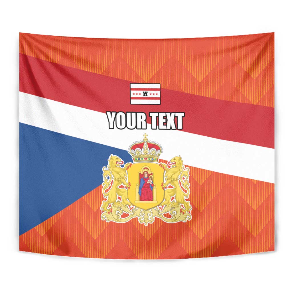 Close-up personalized tapestry flag showing coat of arms, 'YOUR TEXT', and red blue white orange