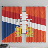 Personalized window curtain with Drenthe flag design in orange, red, blue, and white, crest.