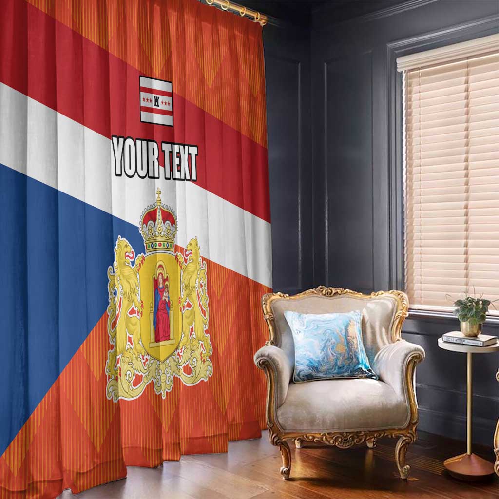 Personalized window curtain featuring Drenthe flag colors, large crest medallion, and “YOUR TEXT”.