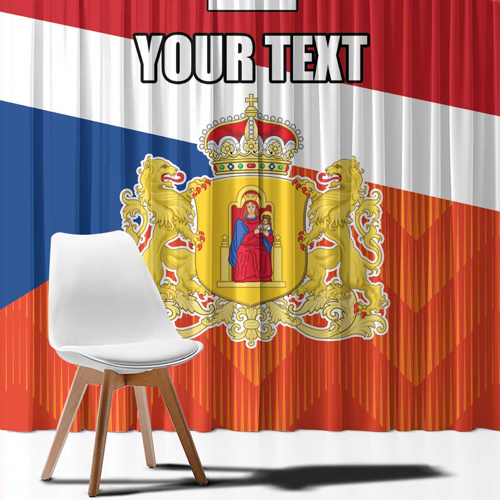 Personalized window curtain close-up with crest emblem and “YOUR TEXT” over Drenthe flag stripes.