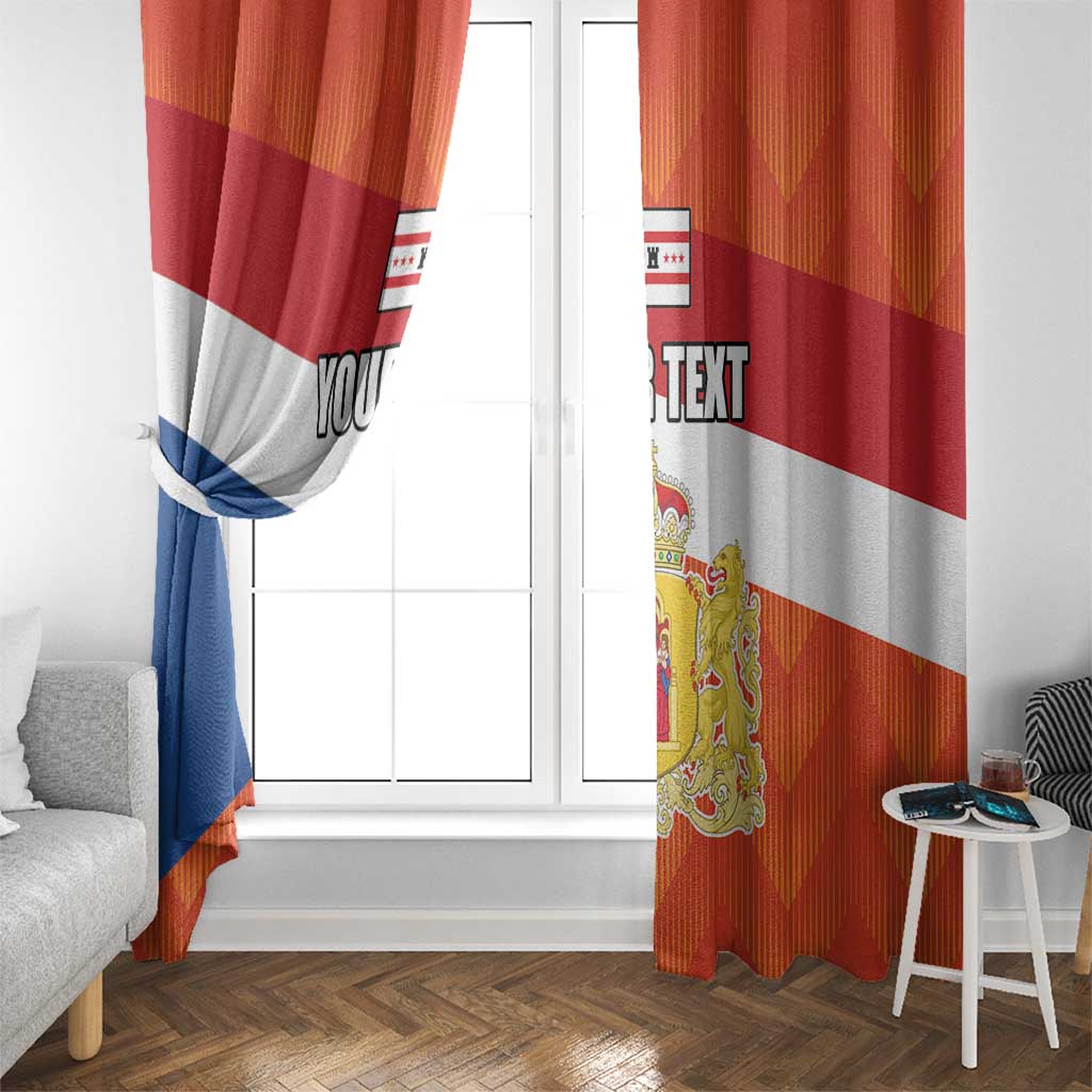 Personalized window curtain with Drenthe flag stripes and crest, tied back at the side.