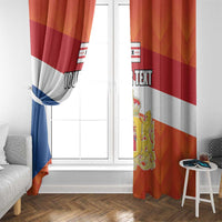 Personalized window curtain with Drenthe flag stripes and crest, tied back at the side.